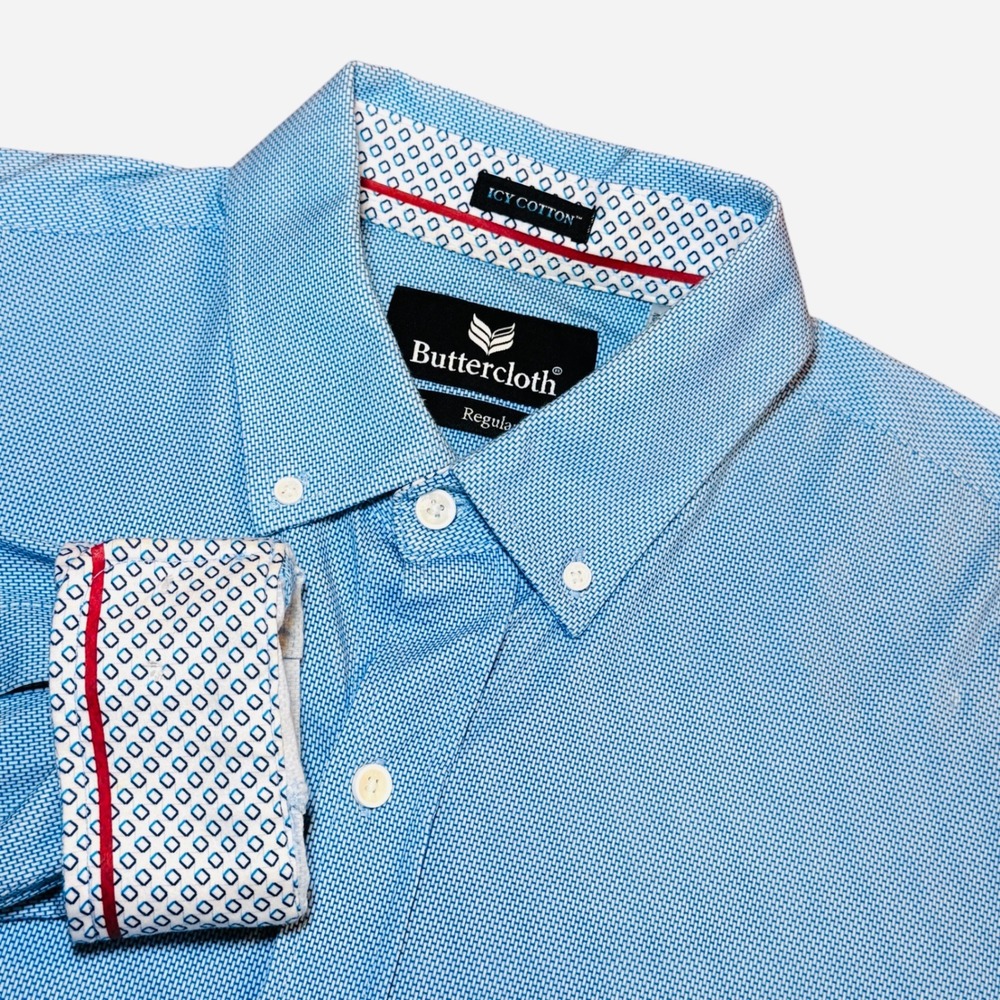 Buttercloth Icy Cotton Mens L Regular Fit Blue Geometric Button Down Shirt Cuffs